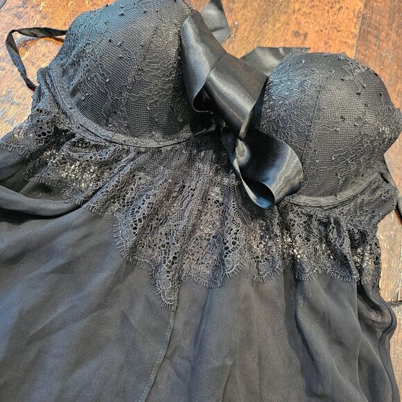 Black Sheer Lace Babydoll 36B Bow Flyaway Nightie Romanticcore Coquette Boudoir - Picture 7 of 9